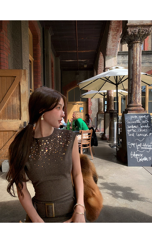 Brown Wool Stone Dress ブラウン ウール ストーン ドレス