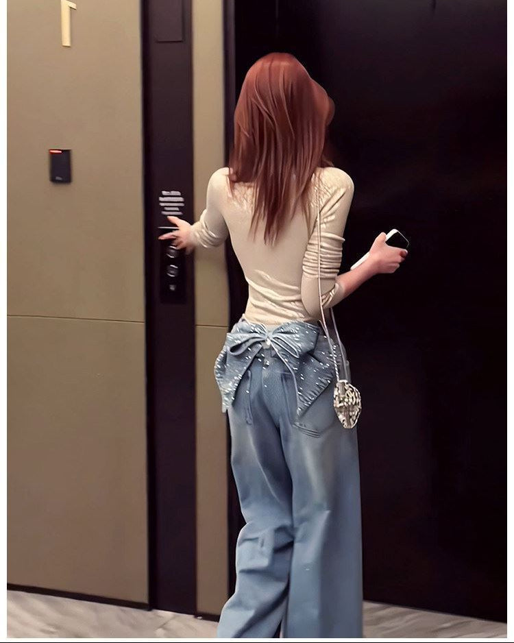 Robbon Line Stone Denim リボン ラインストーン デニム