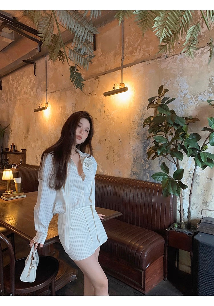 Corsage Stripe Shirts & Pants コサージュ付 ストライプシャツ＆パンツ