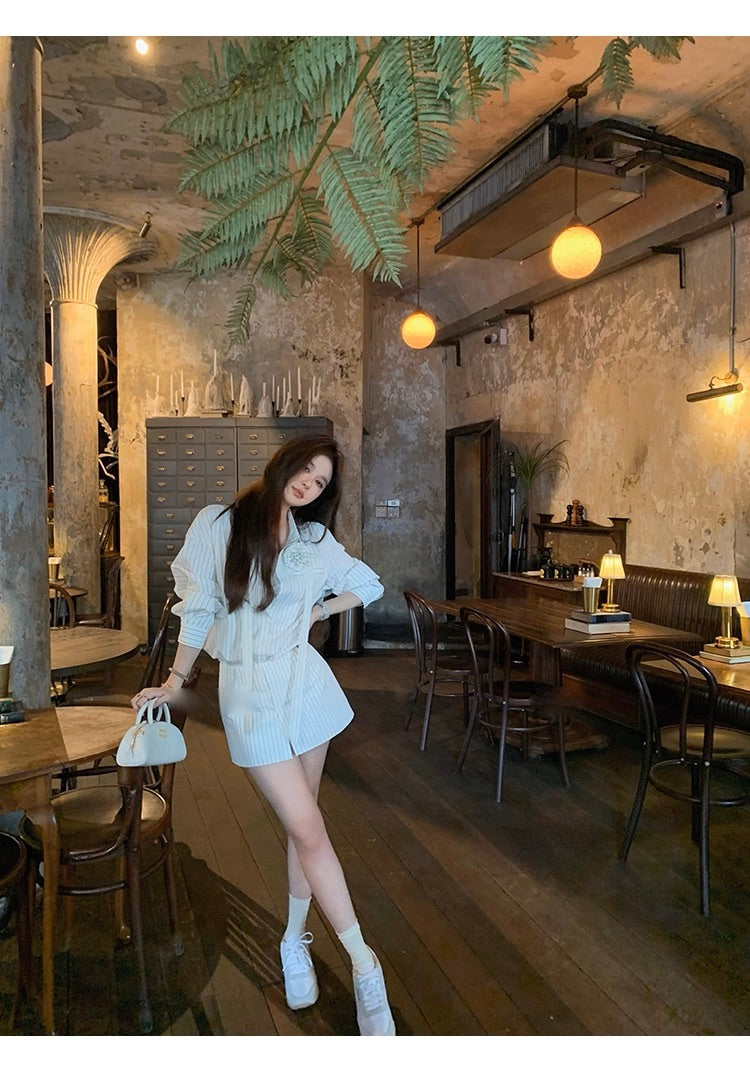 Corsage Stripe Shirts & Pants コサージュ付 ストライプシャツ＆パンツ