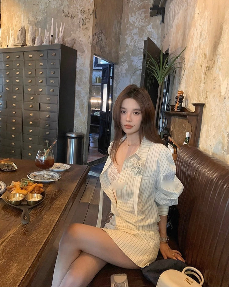 Corsage Stripe Shirts & Pants コサージュ付 ストライプシャツ＆パンツ