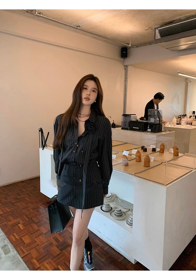 Corsage Stripe Shirts & Pants コサージュ付 ストライプシャツ＆パンツ