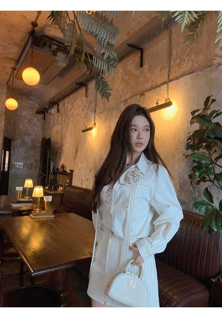 Corsage Stripe Shirts & Pants コサージュ付 ストライプシャツ＆パンツ