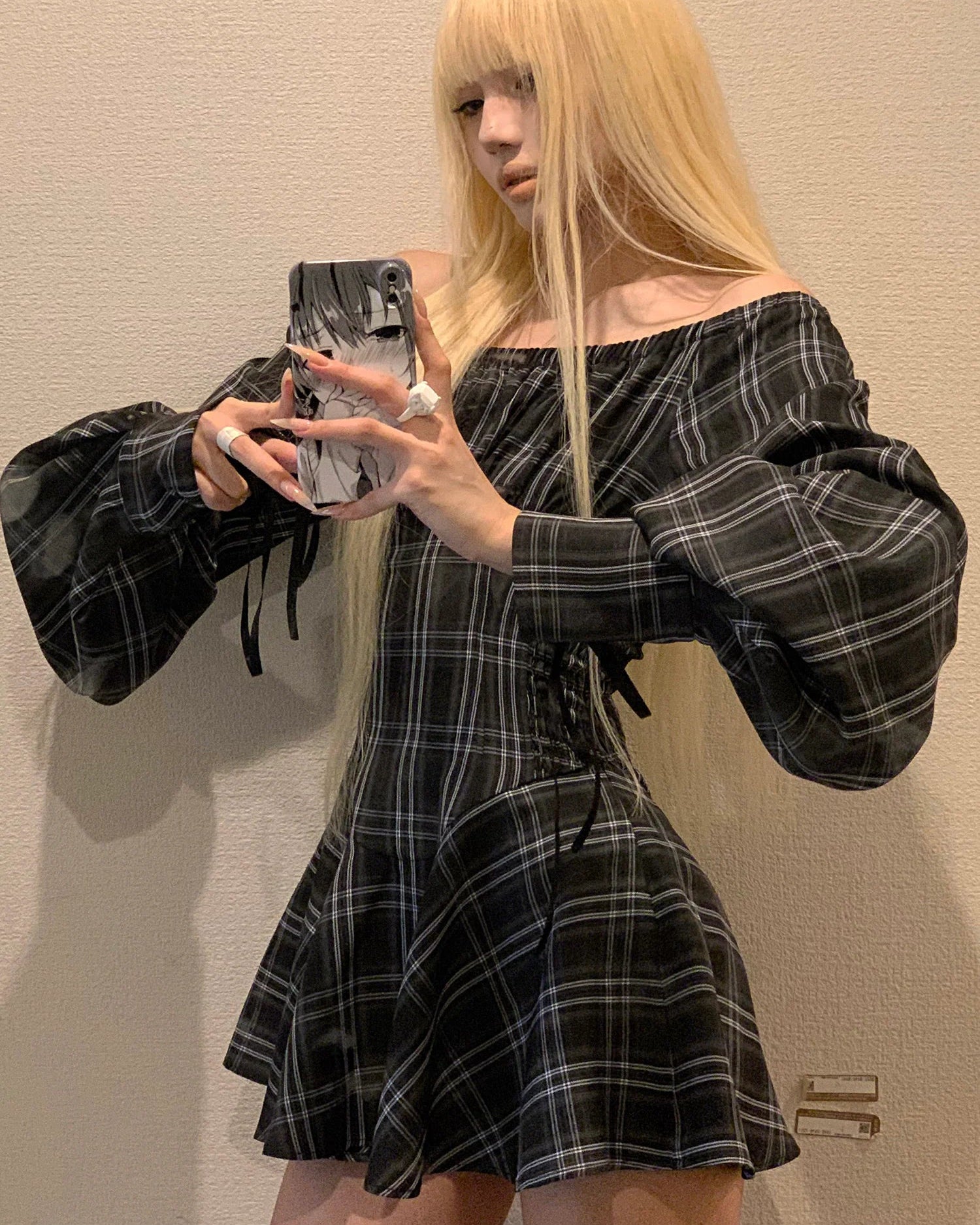 Plaid Corset Dress with Puff Sleeves パフスリーブ アンド ウエスト チェック コルセット ドレス