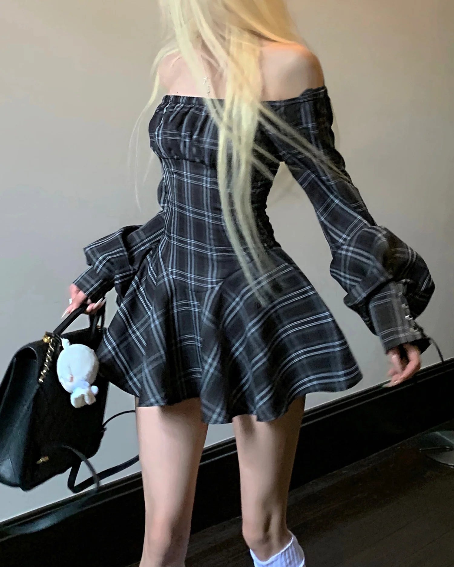 Plaid Corset Dress with Puff Sleeves パフスリーブ アンド ウエスト チェック コルセット ドレス