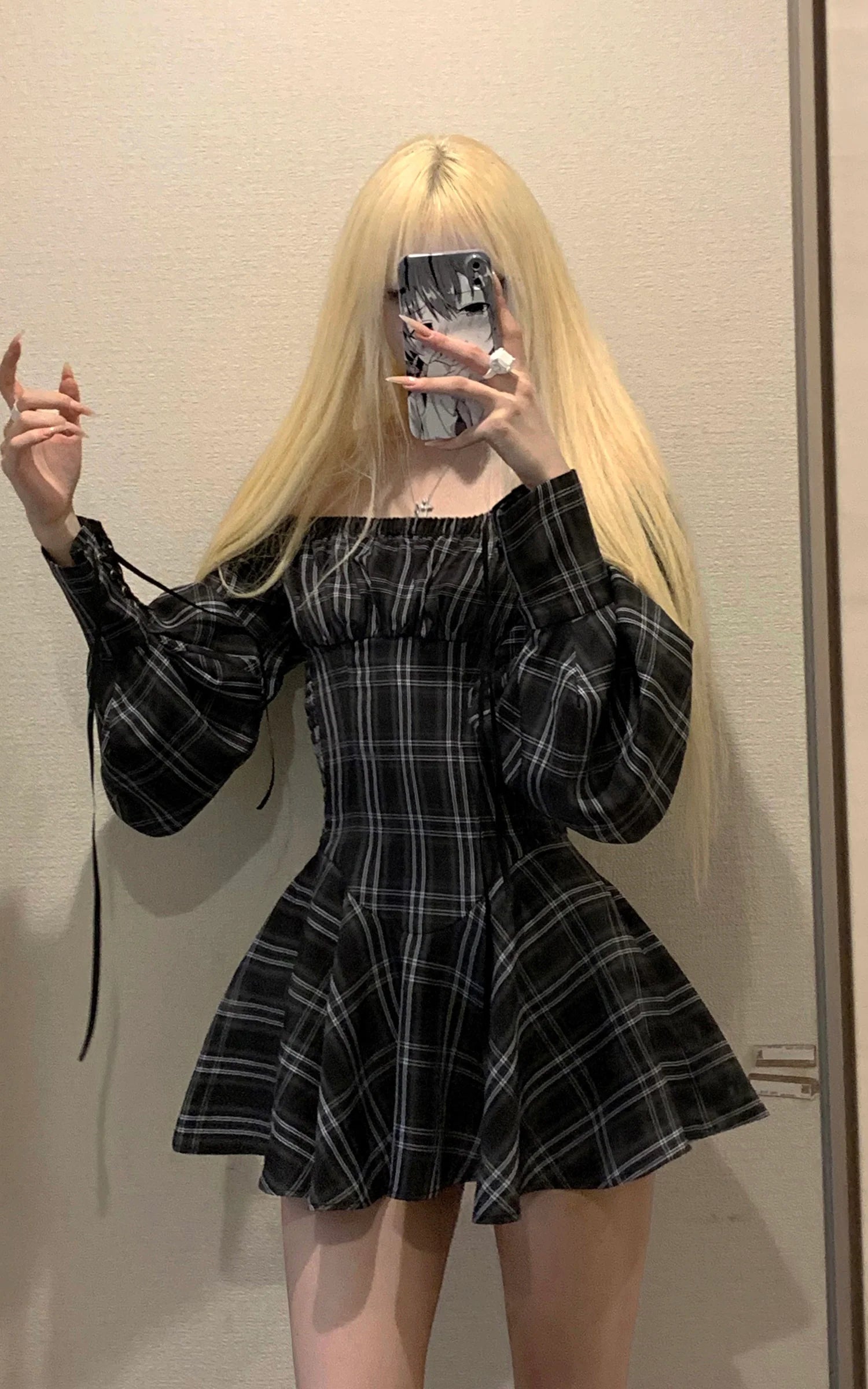 Plaid Corset Dress with Puff Sleeves パフスリーブ アンド ウエスト チェック コルセット ドレス