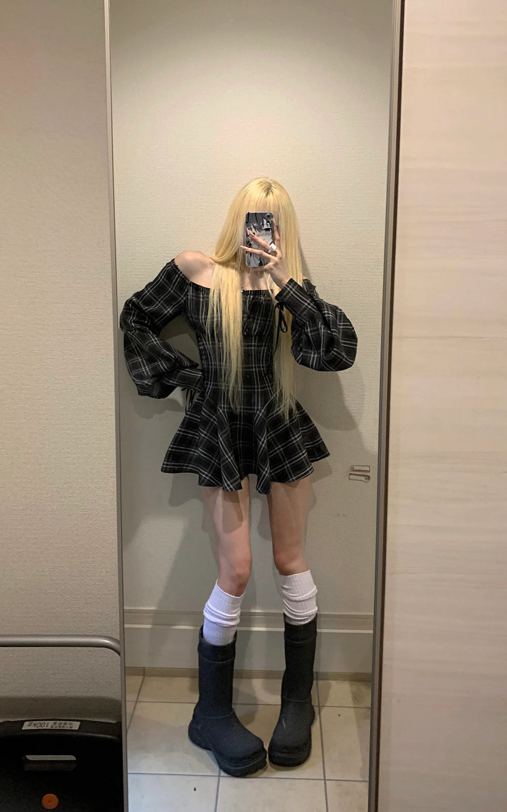 Plaid Corset Dress with Puff Sleeves パフスリーブ アンド ウエスト チェック コルセット ドレス