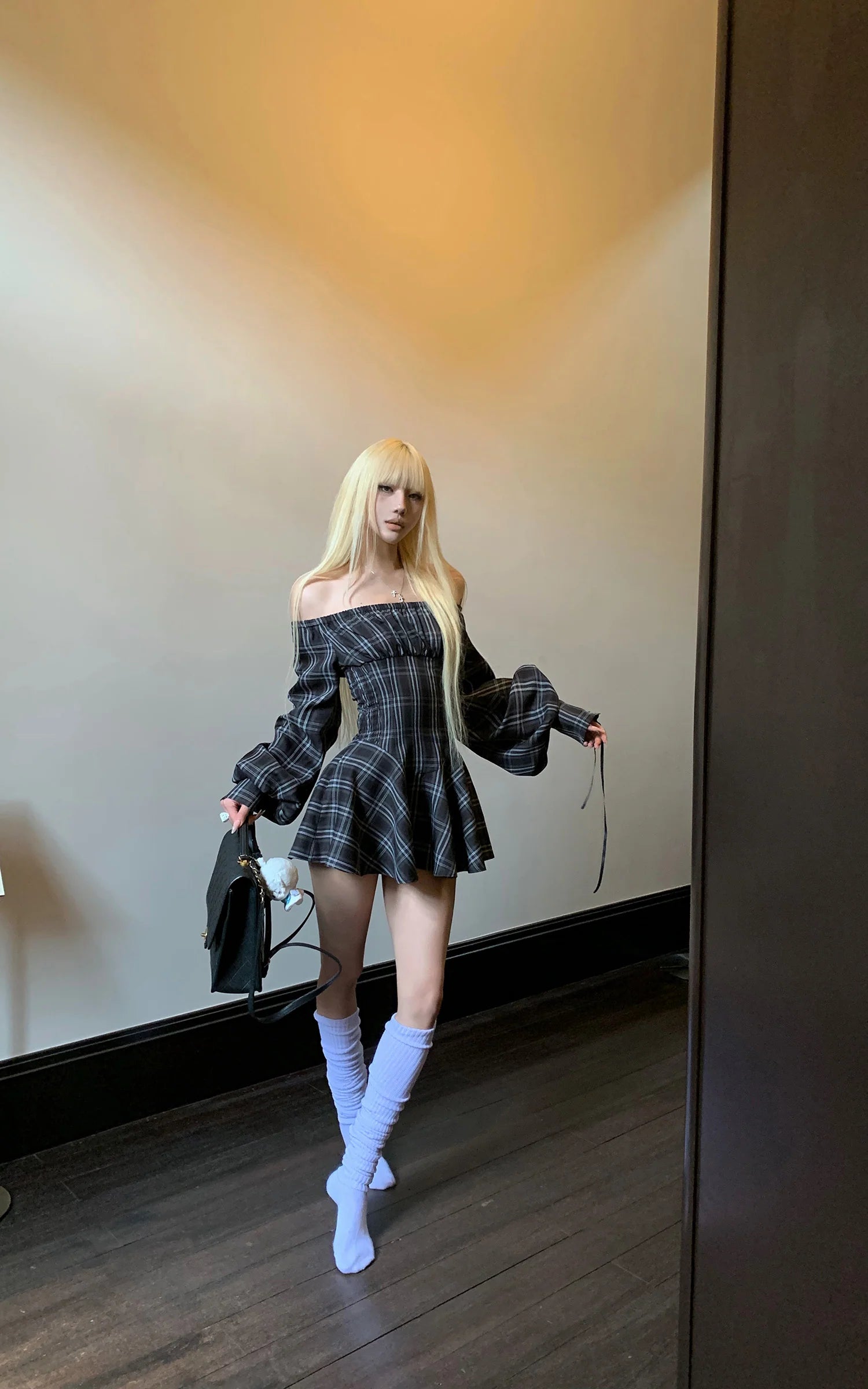 Plaid Corset Dress with Puff Sleeves パフスリーブ アンド ウエスト チェック コルセット ドレス