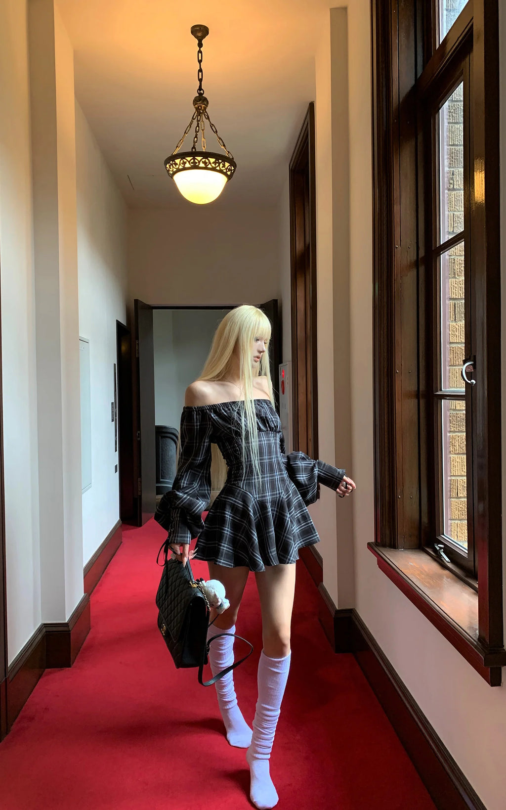 Plaid Corset Dress with Puff Sleeves パフスリーブ アンド ウエスト チェック コルセット ドレス