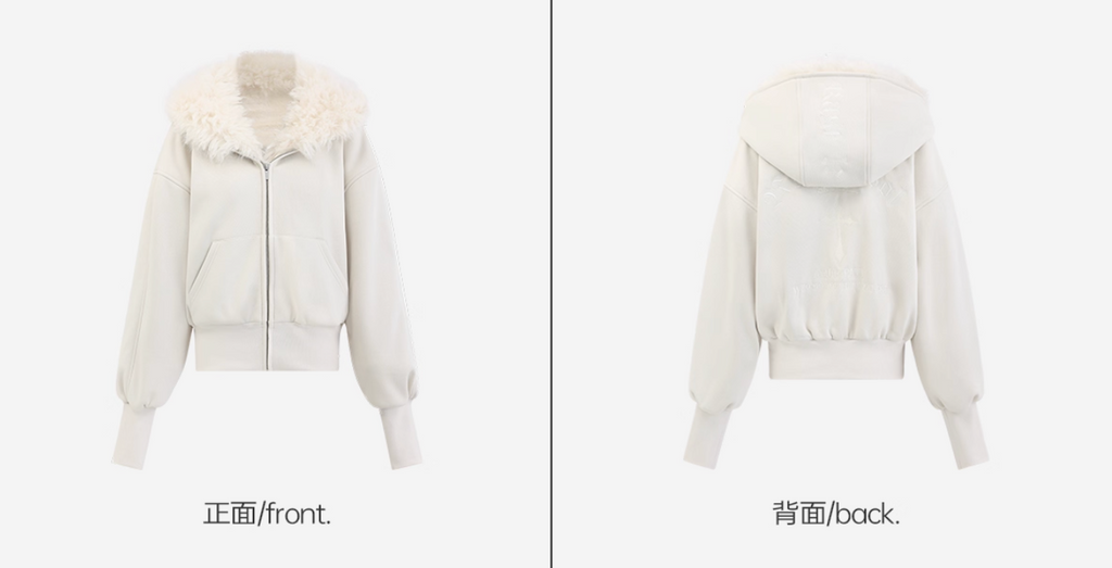 White Food Boa Jacket ホワイト裏起毛ショートフード付きスウェットジャケット