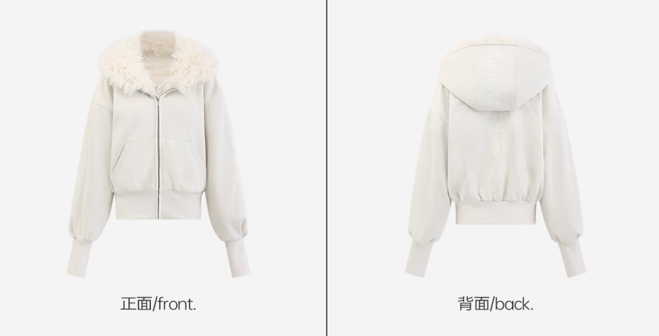 White Food Boa Jacket ホワイト裏起毛ショートフード付きスウェットジャケット