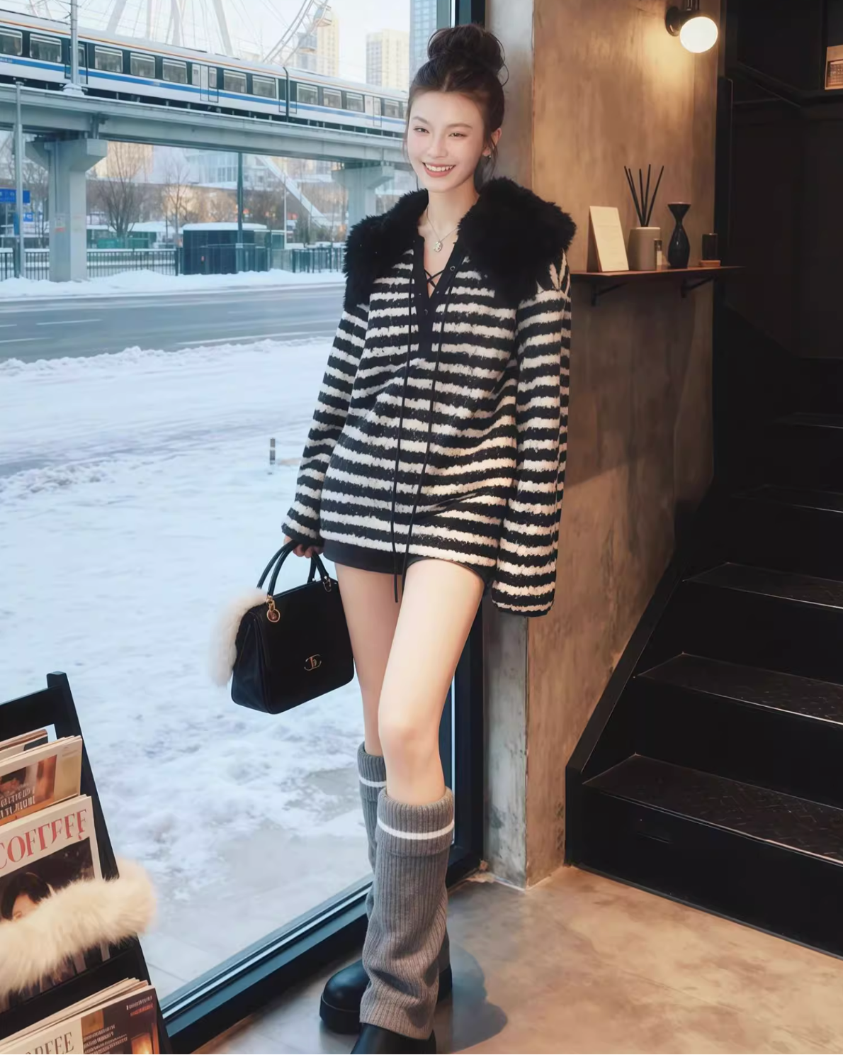 Fur Color Border knit sweater ファーカラー ボーダー ニットセーター