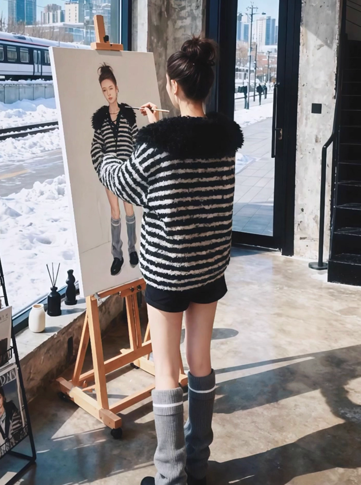 Fur Color Border knit sweater ファーカラー ボーダー ニットセーター