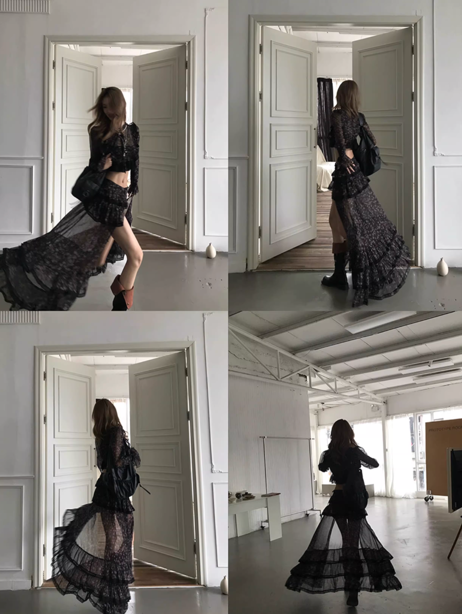 Flower Print Blouse & Long Skirt Set  フラワープリントブラウス＆ロングスカートセット