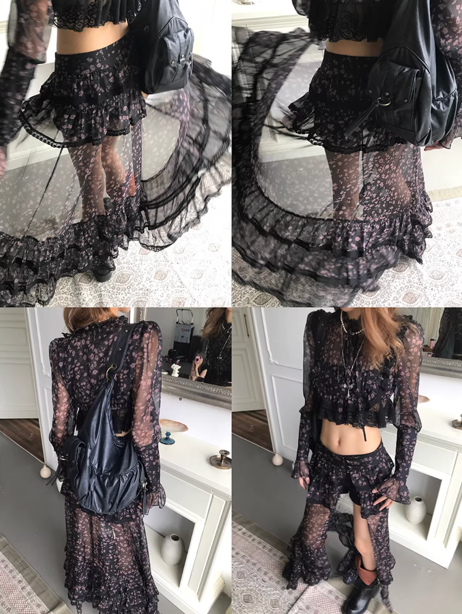 Flower Print Blouse & Long Skirt Set  フラワープリントブラウス＆ロングスカートセット