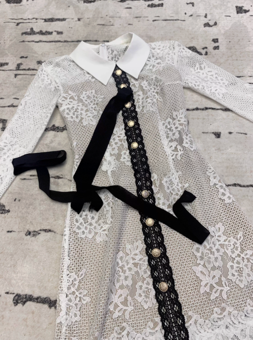 Lace Ribbon Tie Shirts Dress  レースリボン タイ シャツ ドレス