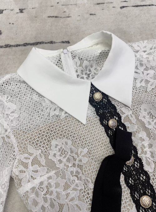 Lace Ribbon Tie Shirts Dress  レースリボン タイ シャツ ドレス