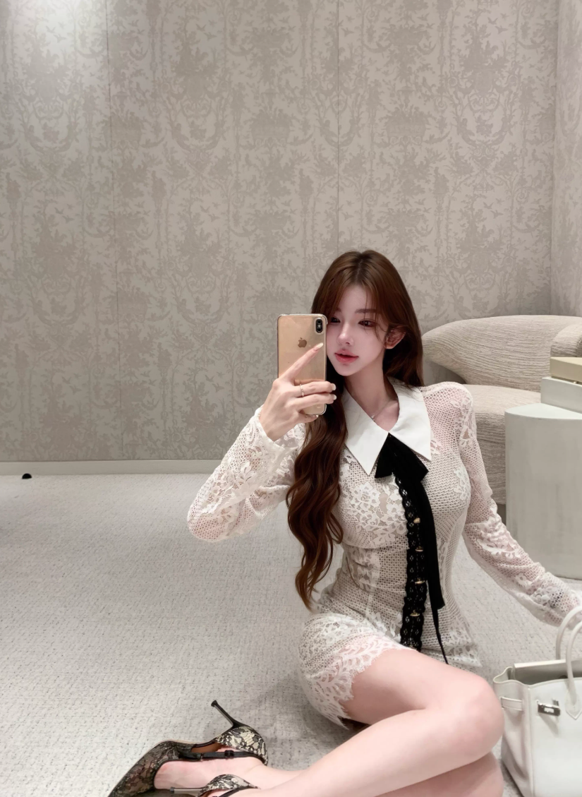 Lace Ribbon Tie Shirts Dress  レースリボン タイ シャツ ドレス