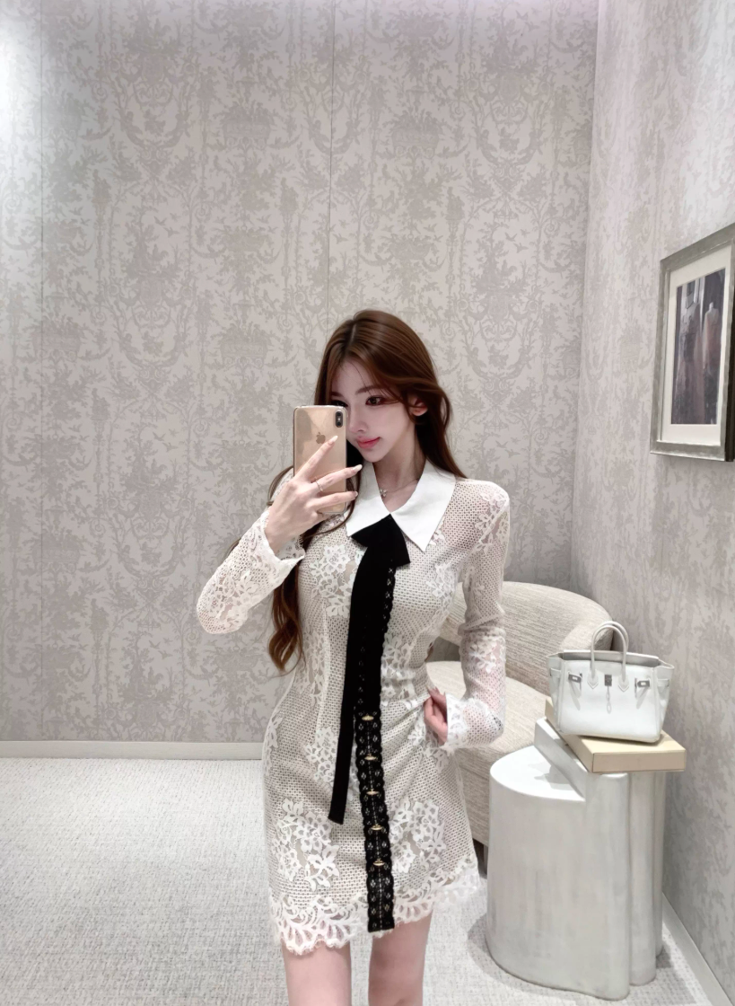 Lace Ribbon Tie Shirts Dress  レースリボン タイ シャツ ドレス
