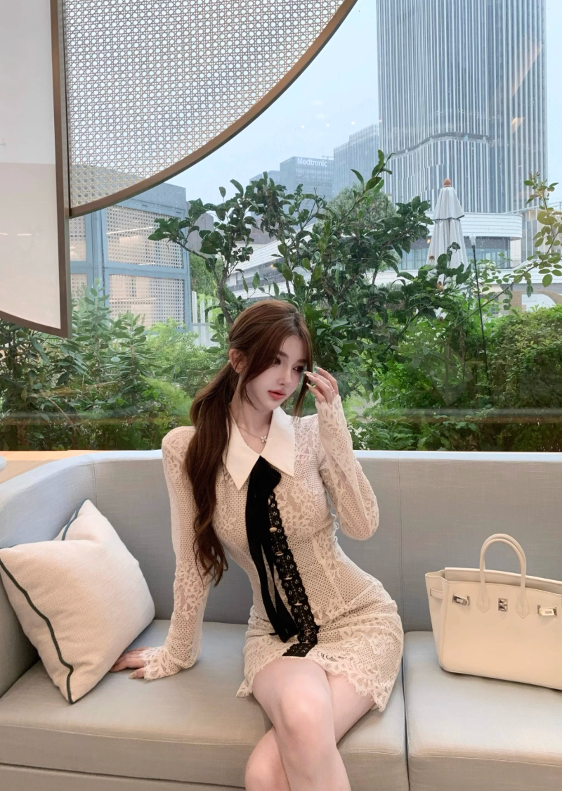 Lace Ribbon Tie Shirts Dress  レースリボン タイ シャツ ドレス