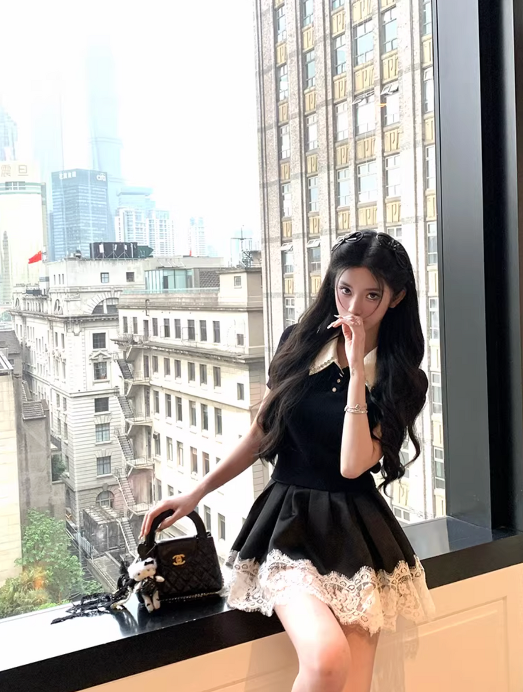 White Coller Blouse Lase Flare Skirt ホワイトカラーブラウス レースフレアスカート