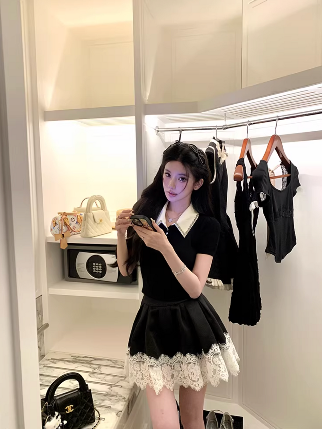 White Coller Blouse Lase Flare Skirt ホワイトカラーブラウス レースフレアスカート