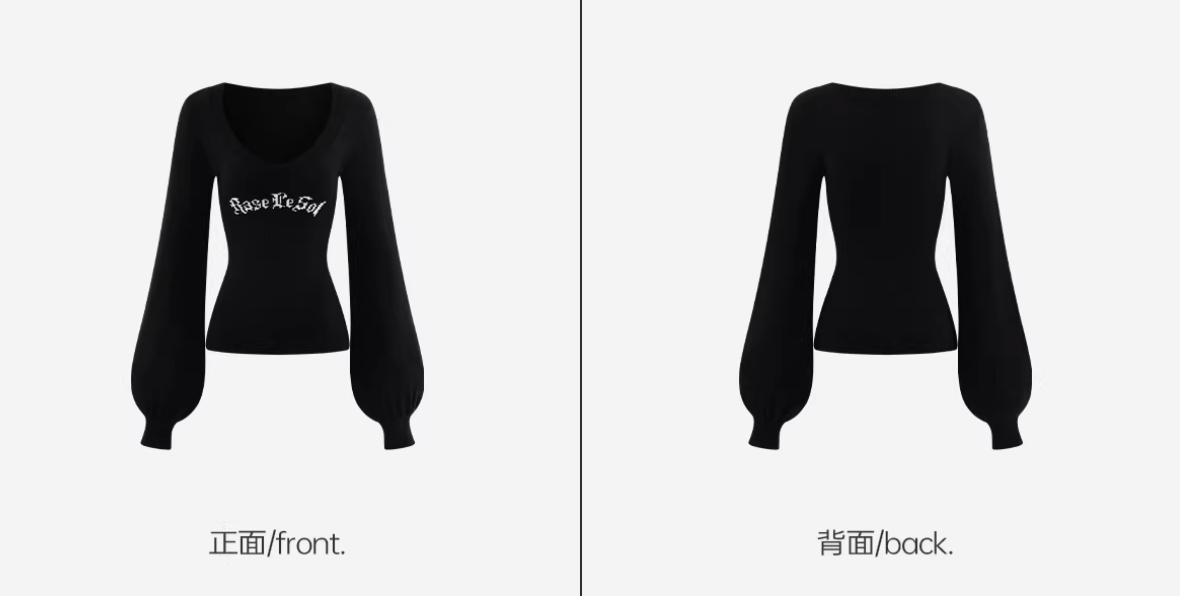 V neck Logo Baloon Sleeve Knit Vネックロゴ バルーンニット