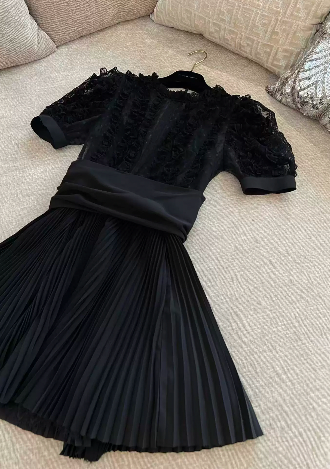 Stripe Lace Puff Sleeve dress ストライプ レース パフ スリーブドレス