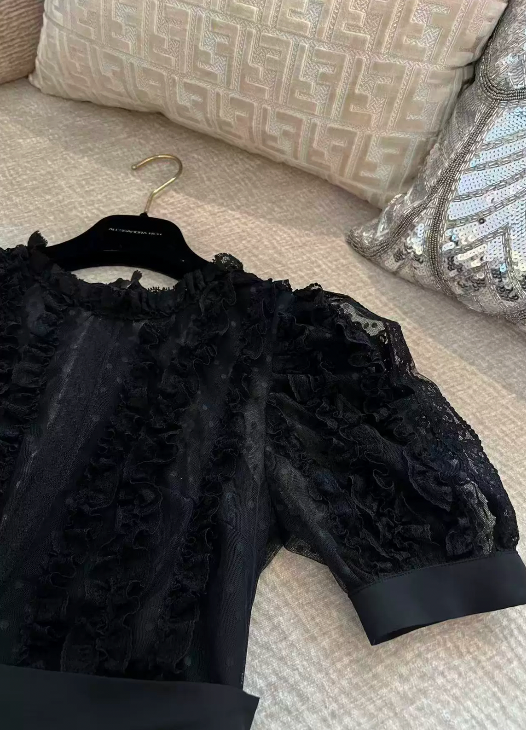 Stripe Lace Puff Sleeve dress ストライプ レース パフ スリーブドレス