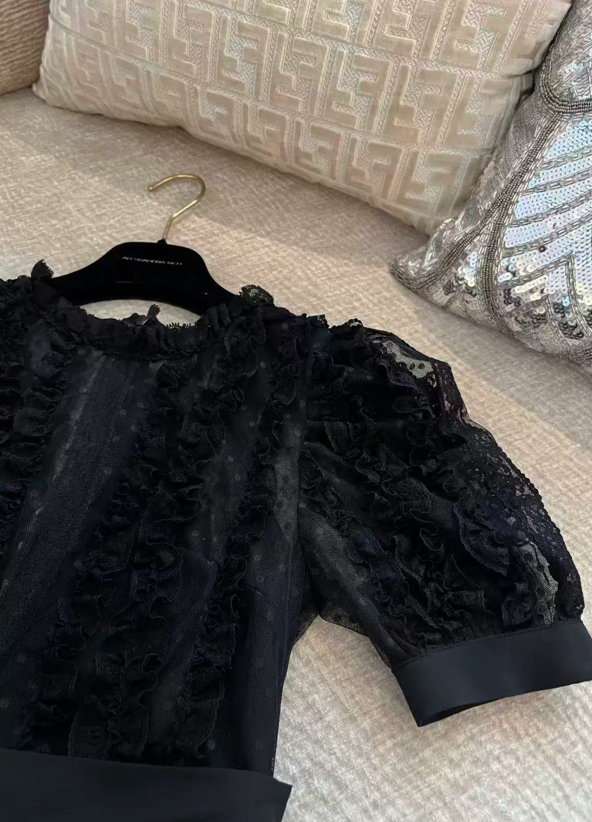 Stripe Lace Puff Sleeve dress ストライプ レース パフ スリーブドレス