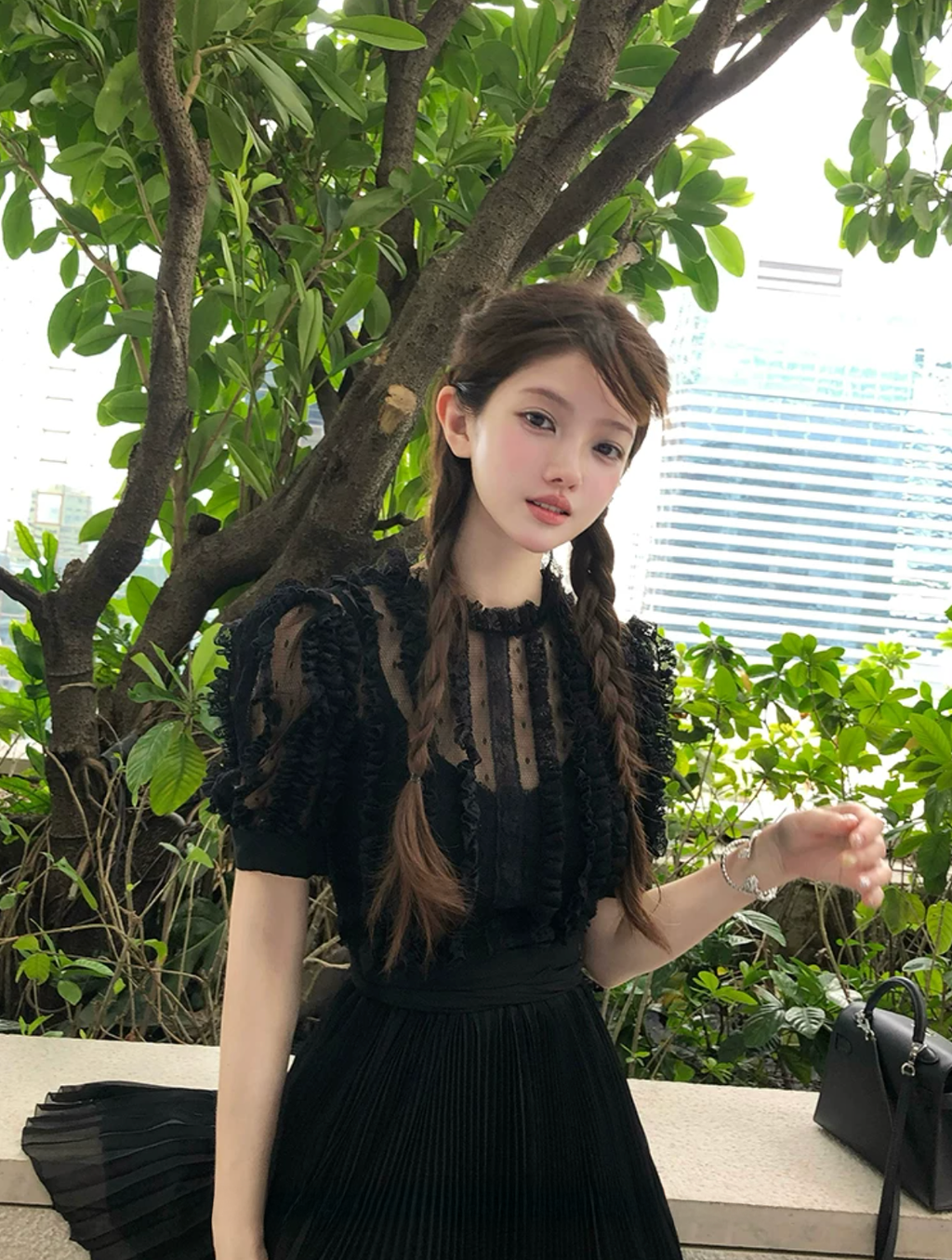Stripe Lace Puff Sleeve dress ストライプ レース パフ スリーブドレス