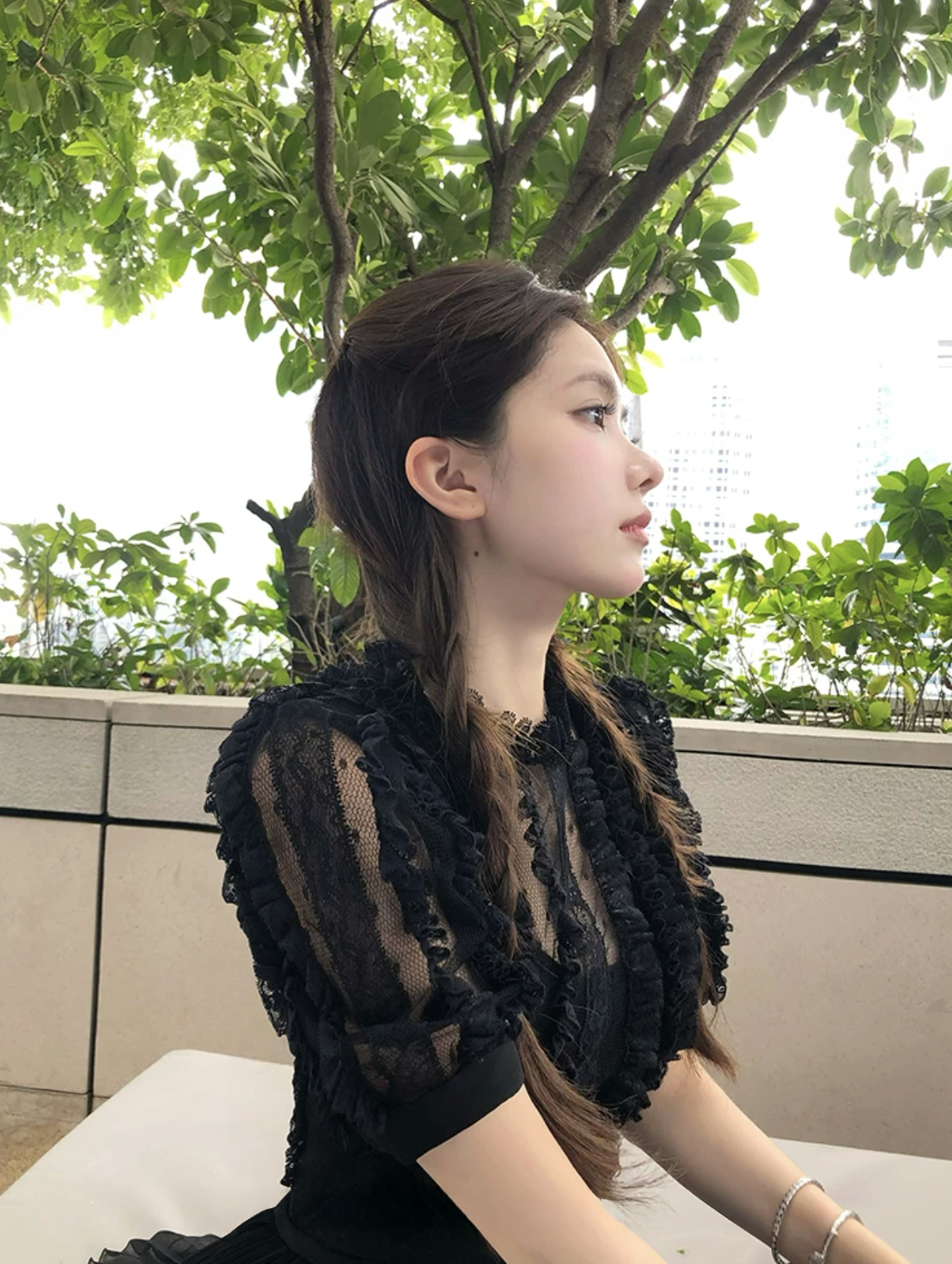 Stripe Lace Puff Sleeve dress ストライプ レース パフ スリーブドレス