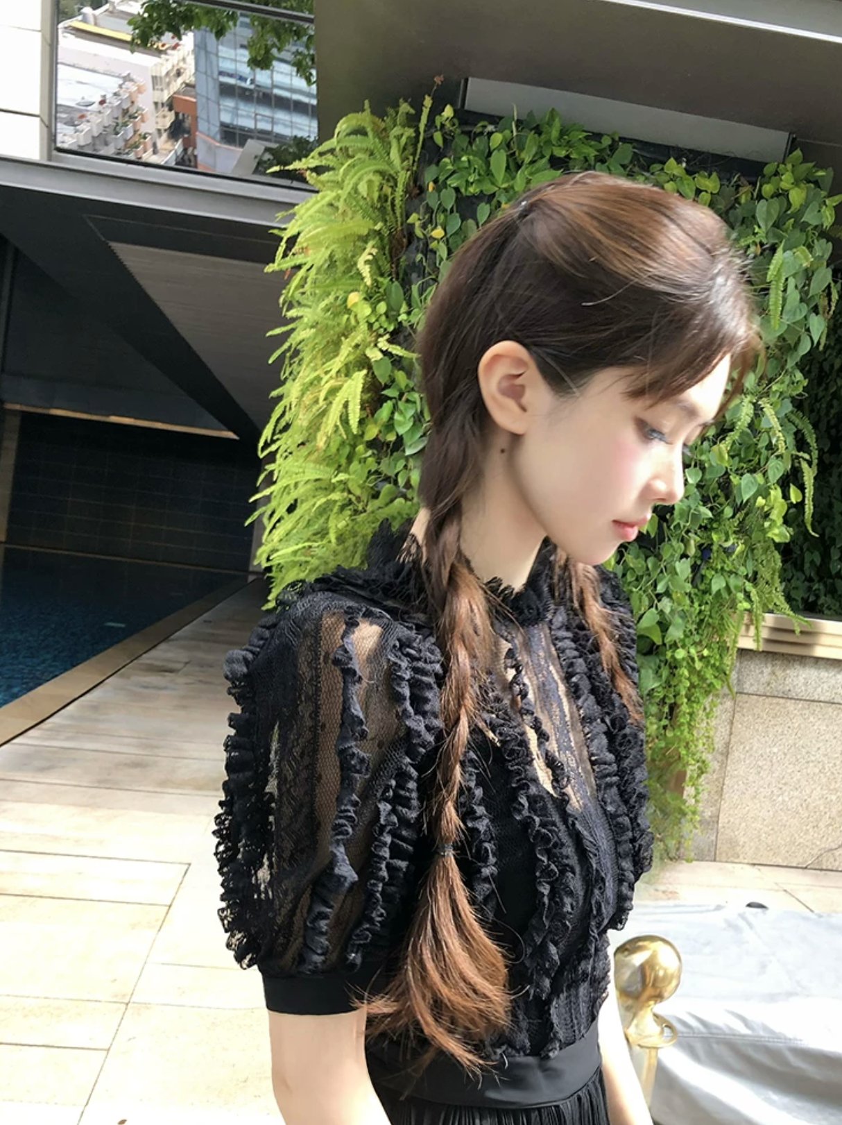 Stripe Lace Puff Sleeve dress ストライプ レース パフ スリーブドレス