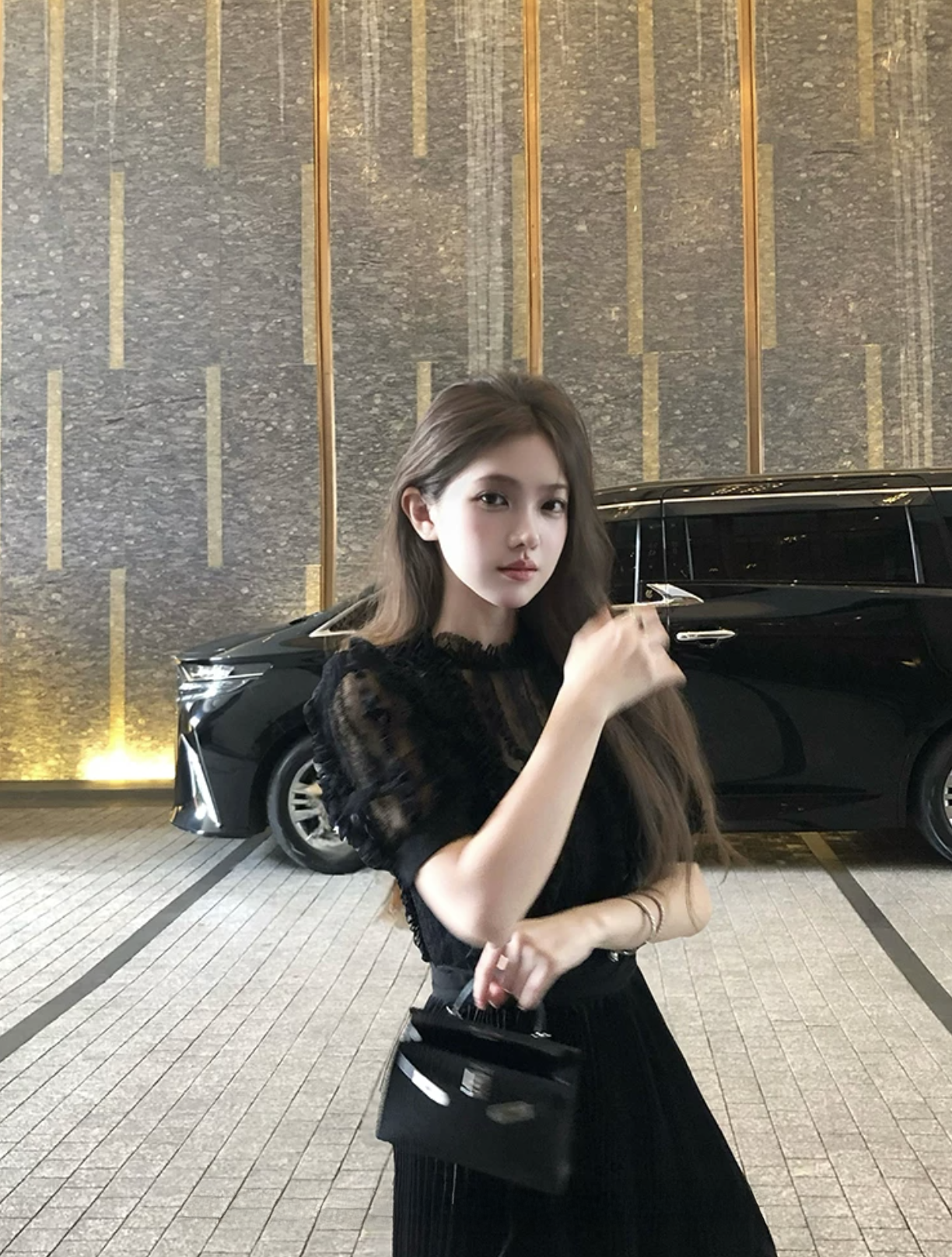Stripe Lace Puff Sleeve dress ストライプ レース パフ スリーブドレス