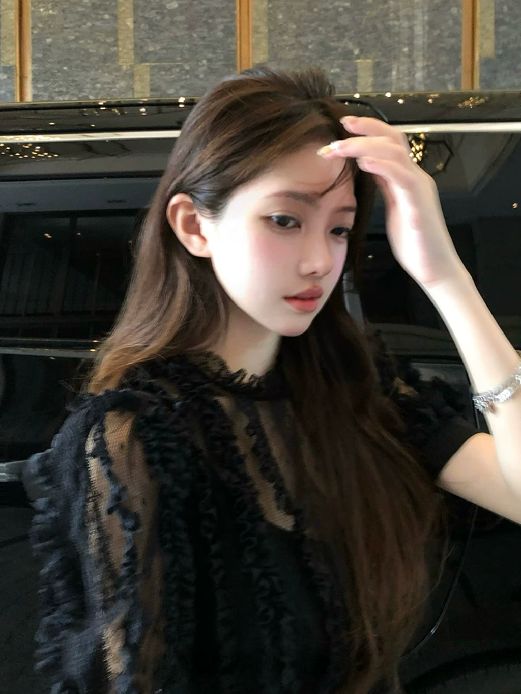 Stripe Lace Puff Sleeve dress ストライプ レース パフ スリーブドレス