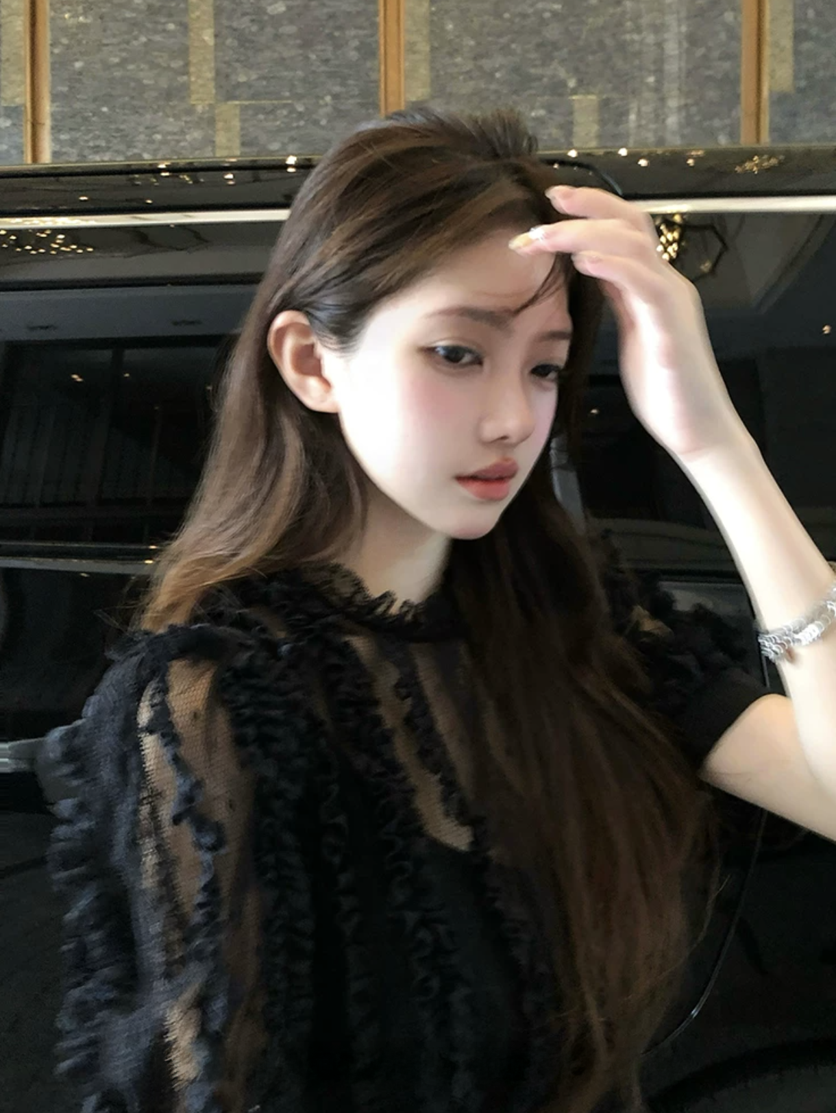 Stripe Lace Puff Sleeve dress ストライプ レース パフ スリーブドレス