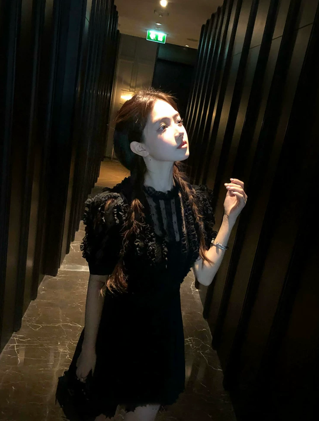 Stripe Lace Puff Sleeve dress ストライプ レース パフ スリーブドレス