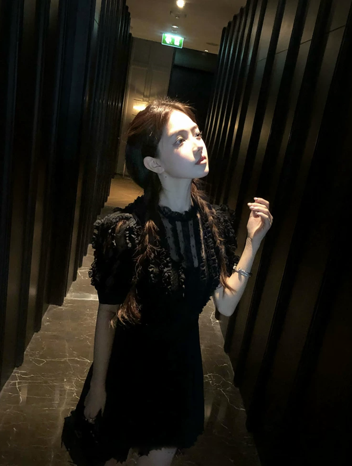 Stripe Lace Puff Sleeve dress ストライプ レース パフ スリーブドレス