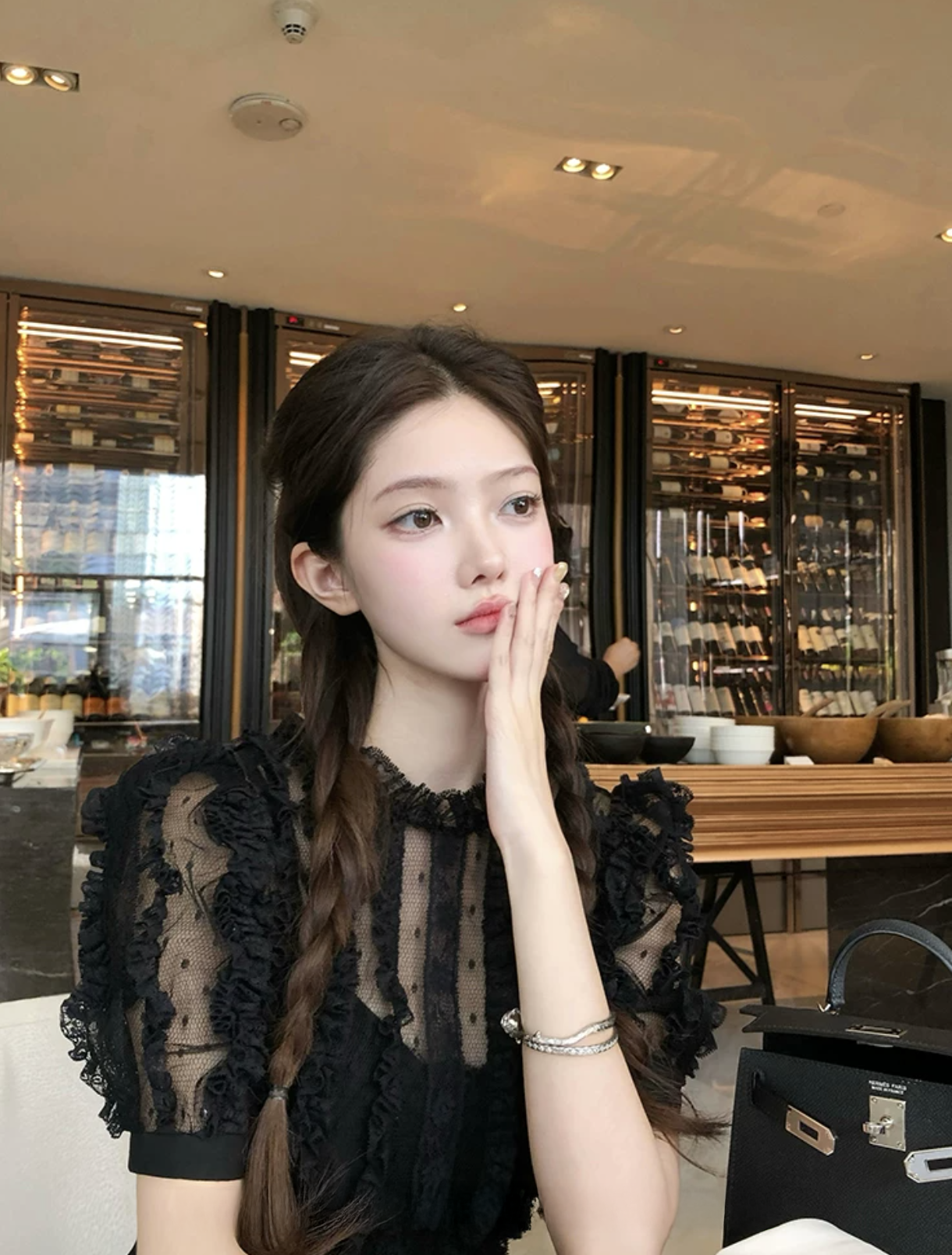 Stripe Lace Puff Sleeve dress ストライプ レース パフ スリーブドレス