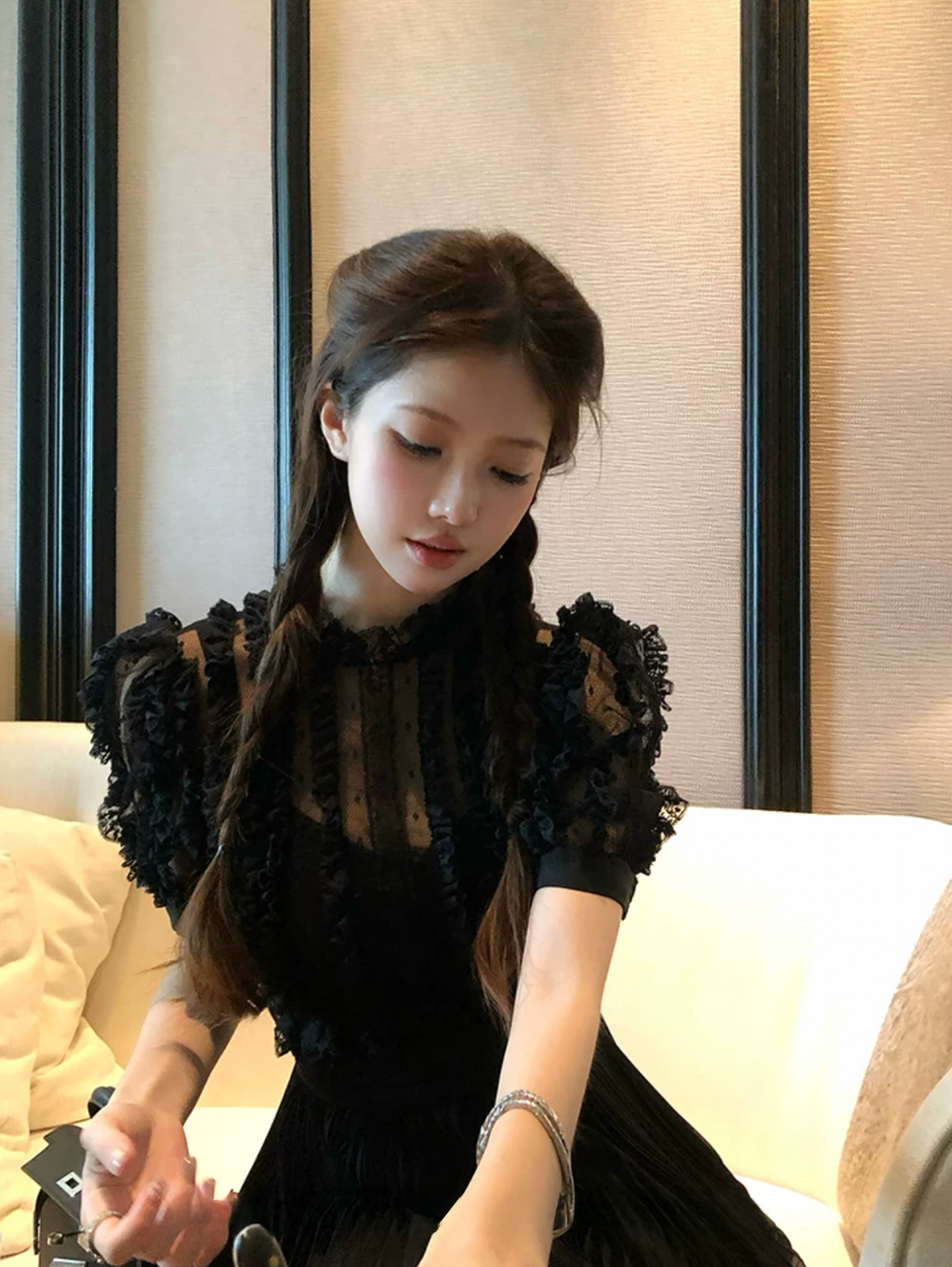 Stripe Lace Puff Sleeve dress ストライプ レース パフ スリーブドレス