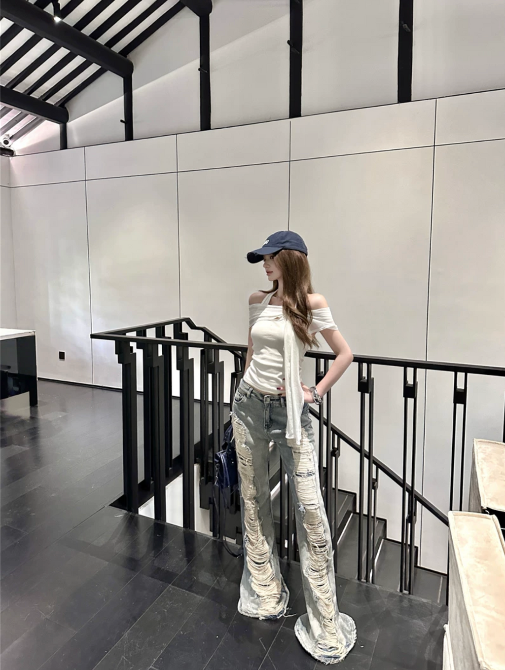 High Damage Flaire Denim,ciffon Tops ハイダメージフレアデニム,シフォントップス