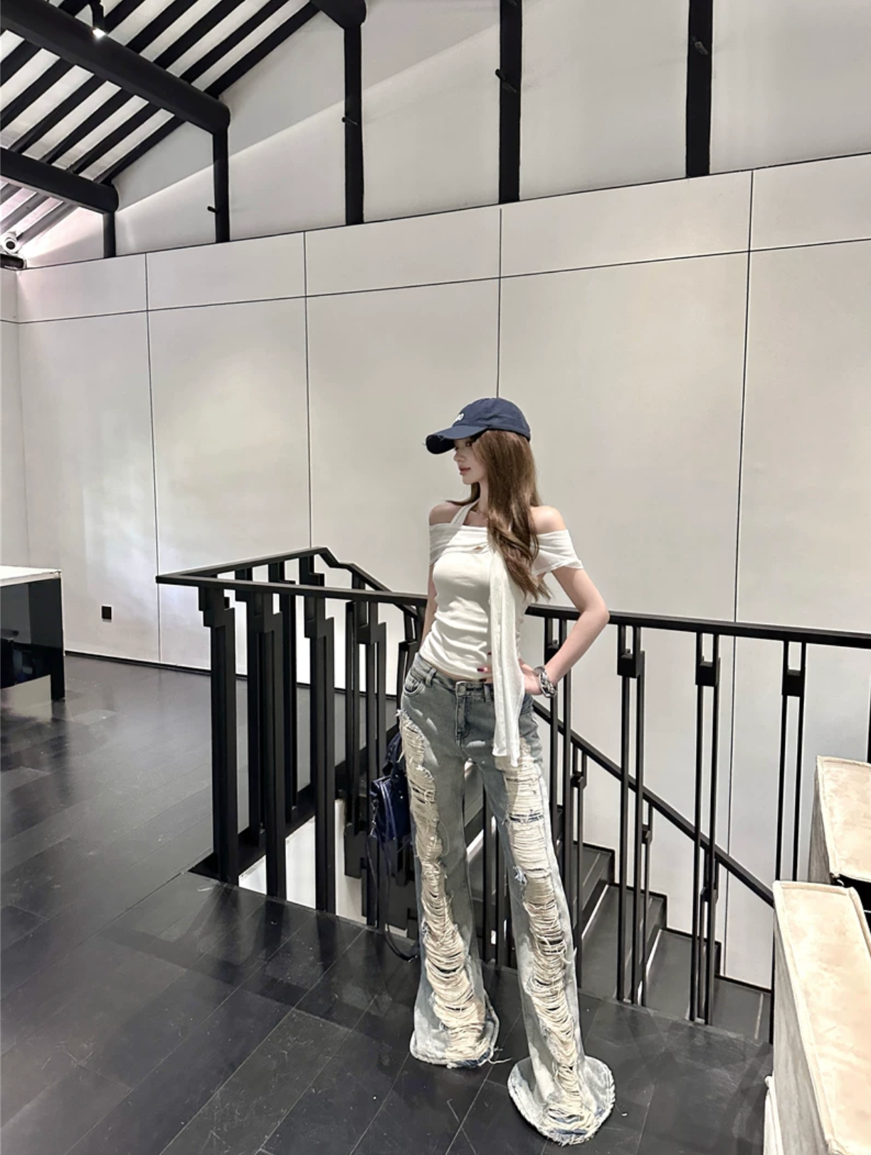 High Damage Flaire Denim,ciffon Tops ハイダメージフレアデニム,シフォントップス