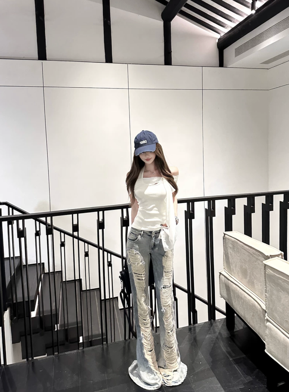 High Damage Flaire Denim,ciffon Tops ハイダメージフレアデニム,シフォントップス