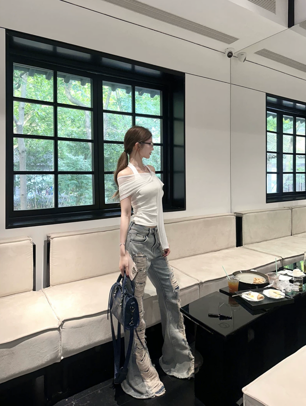High Damage Flaire Denim,ciffon Tops ハイダメージフレアデニム,シフォントップス