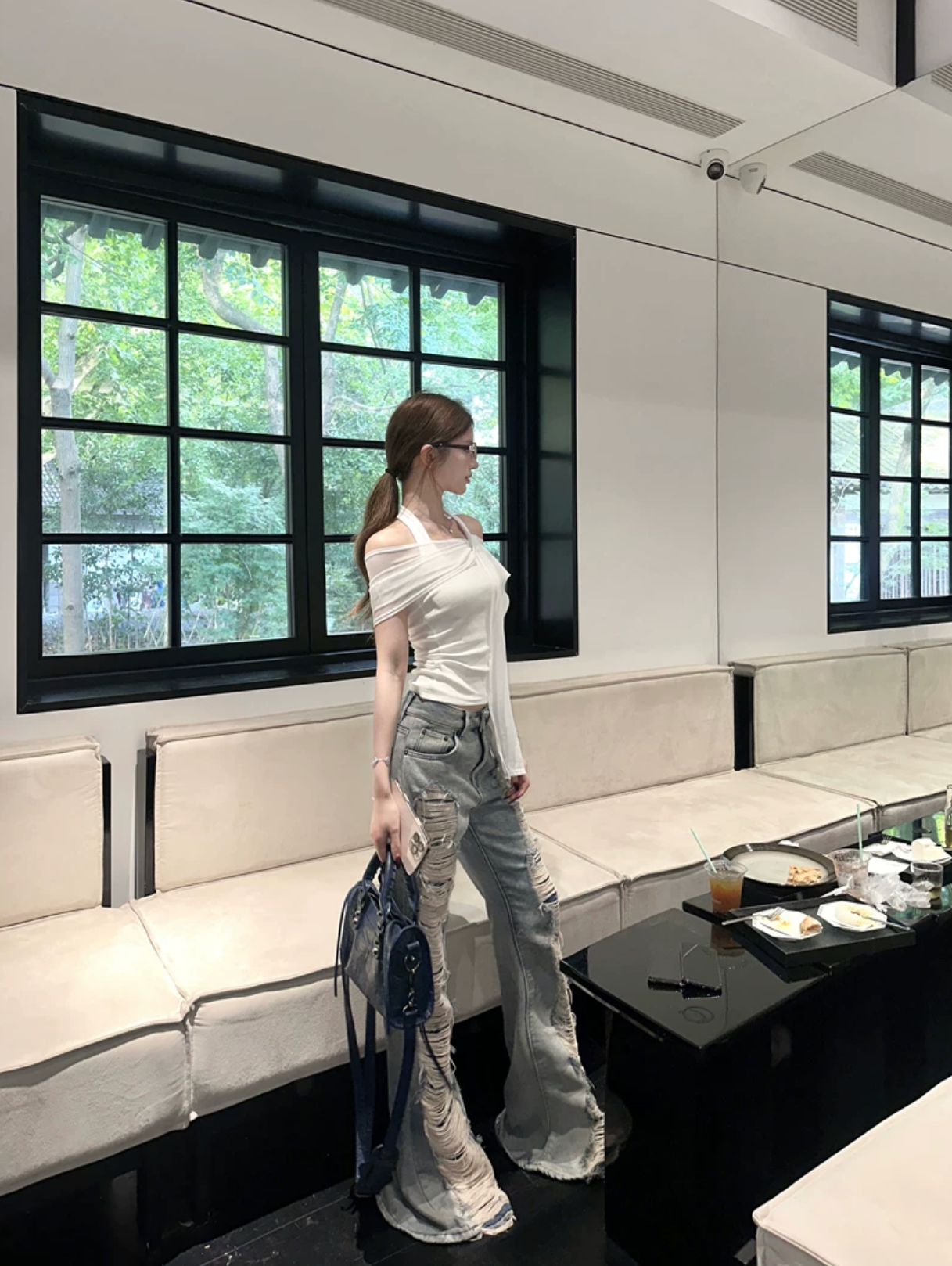 High Damage Flaire Denim,ciffon Tops ハイダメージフレアデニム,シフォントップス