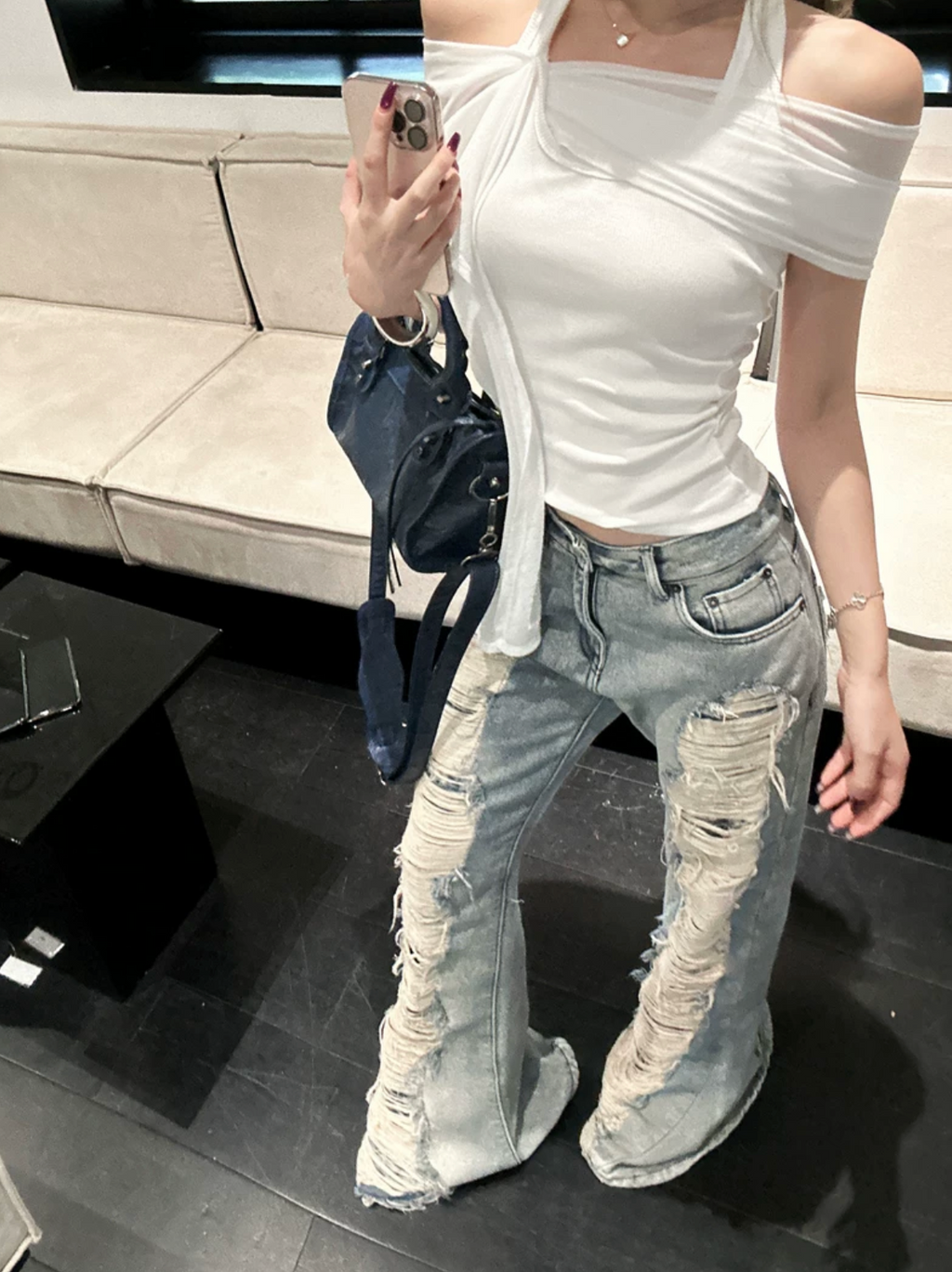 High Damage Flaire Denim,ciffon Tops ハイダメージフレアデニム,シフォントップス