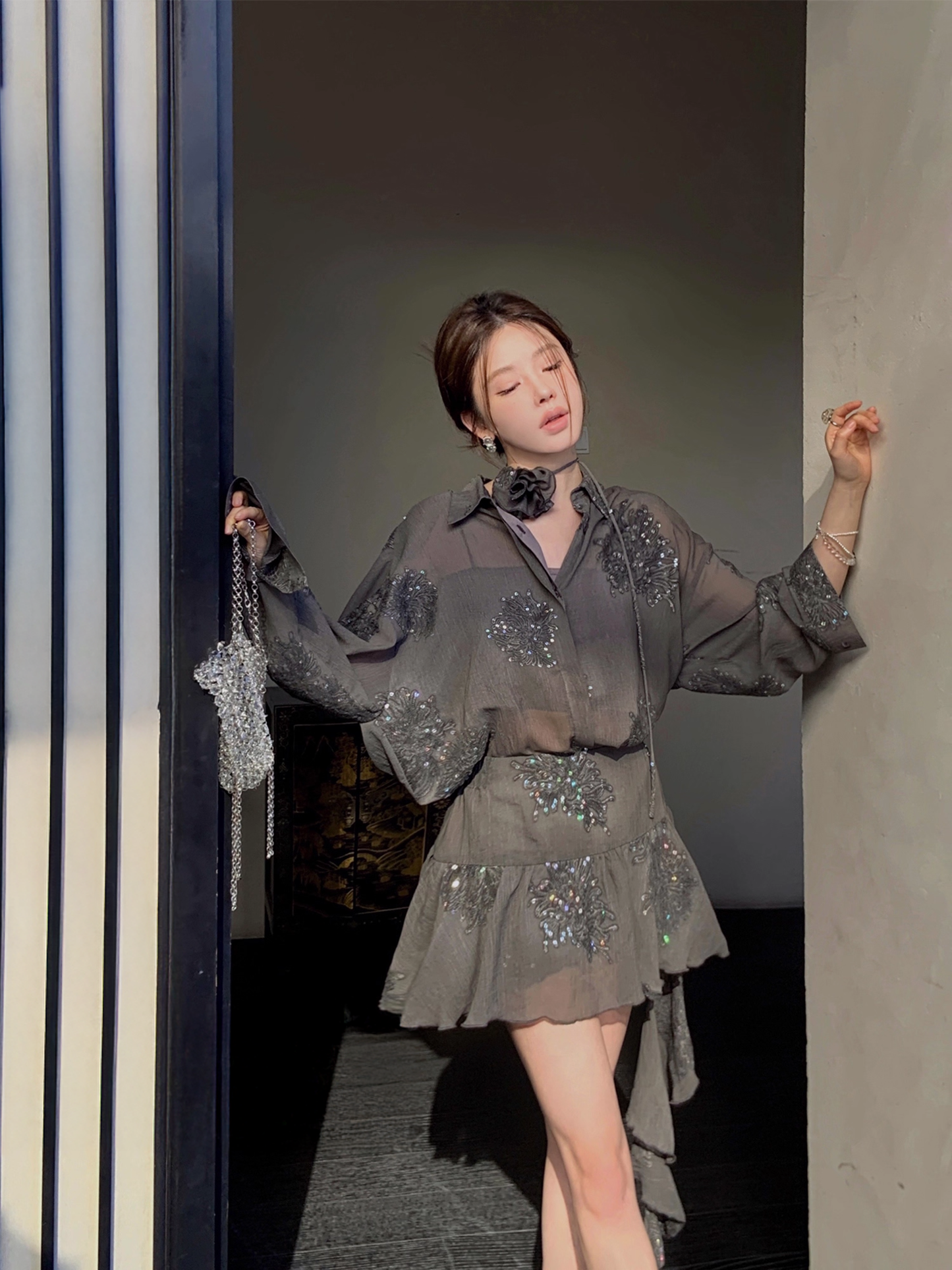 Sequined shirt and culottes スパンコールシャツ&キュロット