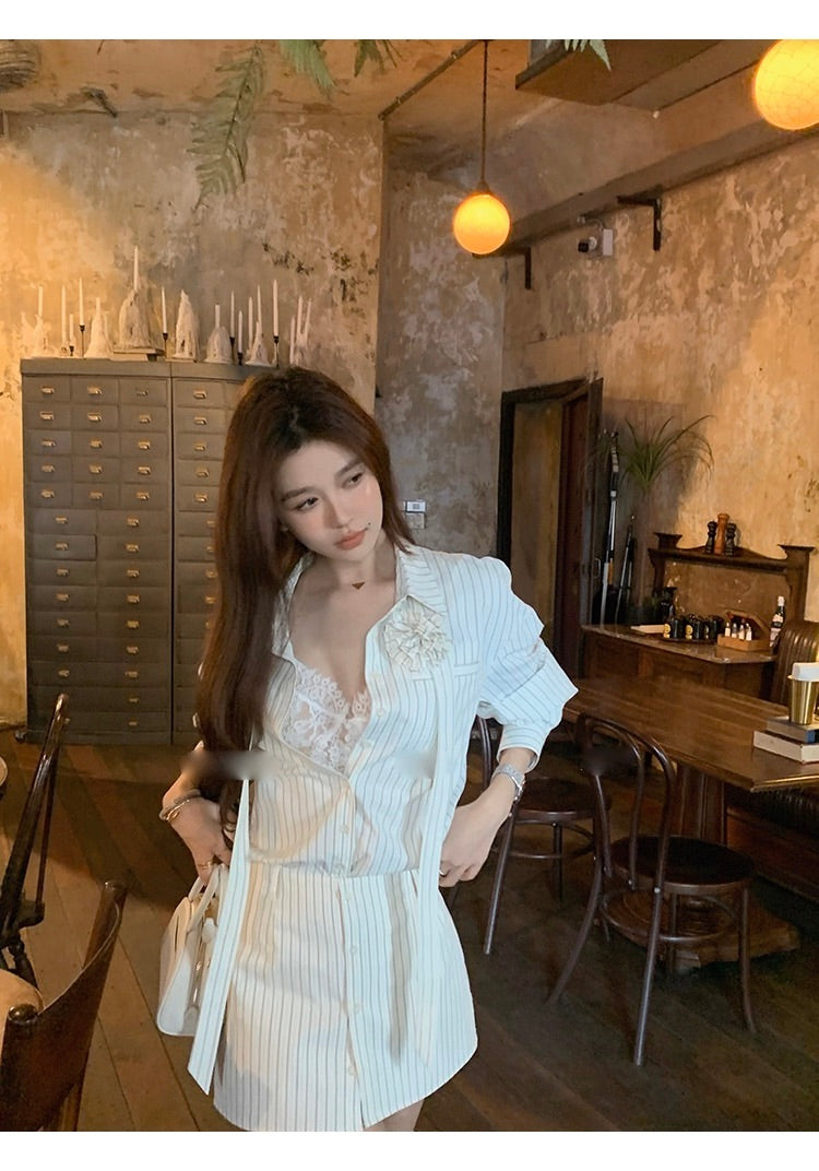 Corsage Stripe Shirts & Pants コサージュ付 ストライプシャツ＆パンツ