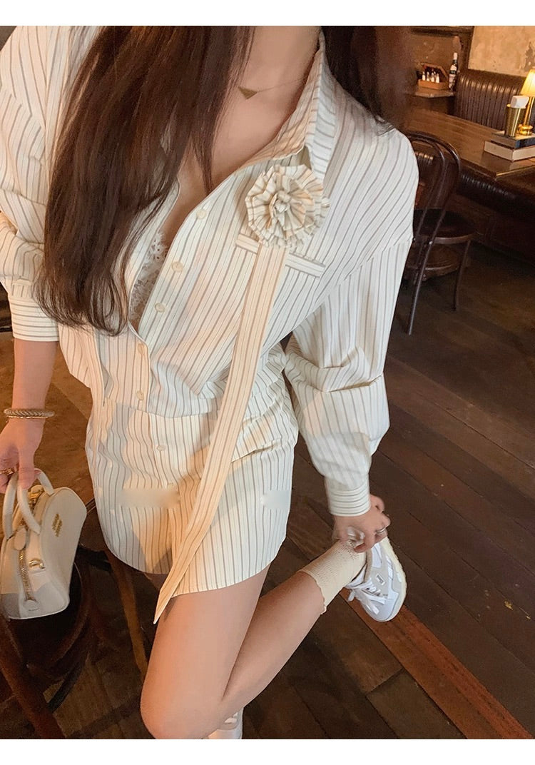 Corsage Stripe Shirts & Pants コサージュ付 ストライプシャツ＆パンツ