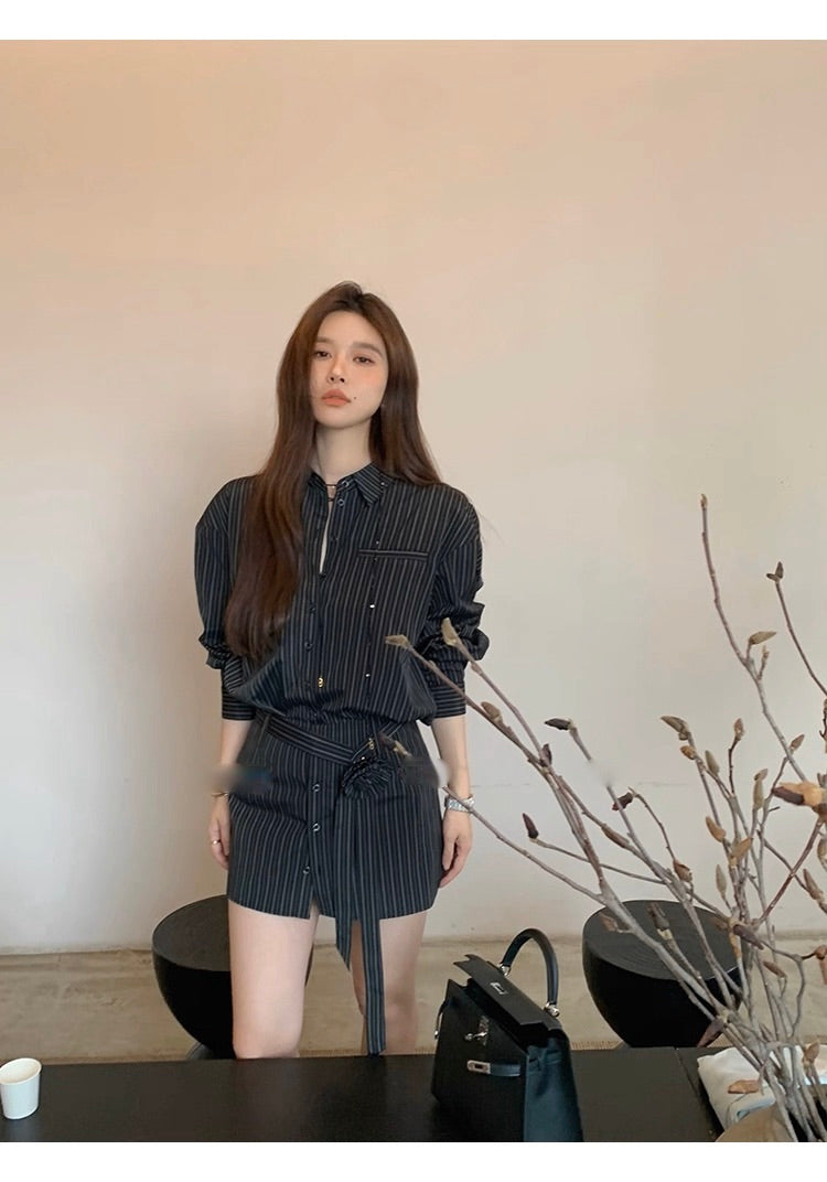 Corsage Stripe Shirts & Pants コサージュ付 ストライプシャツ＆パンツ